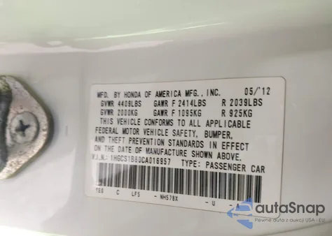 2012 Honda Accord Cpe 2.4 Ex-L/Ex-L from USA, damaged, VIN 1HGCS1B80CA016957